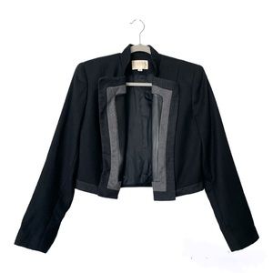 Alberto Makali Wool Cropped Open Front Black Blazer Jacket Leather Trim Size 6